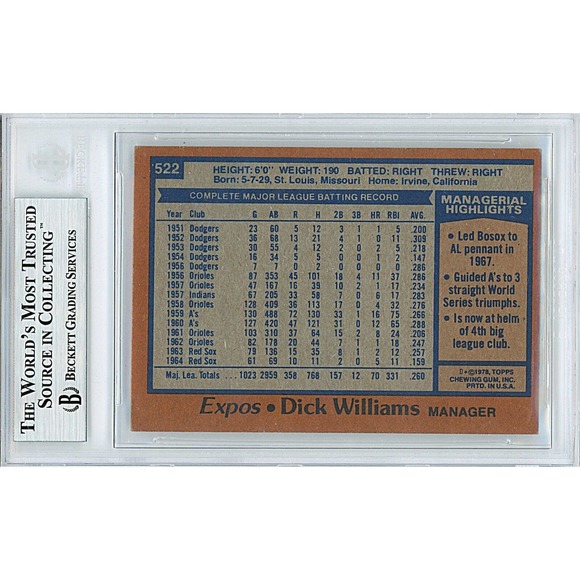 Dick Williams Signed Montreal Expos 1978 Topps Baseball Card Beckett Slab COA - Picture 3 of 6